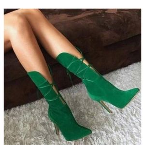 Myquees Lace-Up Stiletto Heel Boots Green Size 8.5
